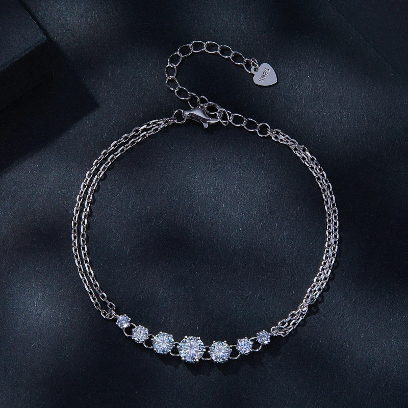 Bamoer U – Bracelet en argent Sterling 925 avec 7 moissanites et chaîne double couche, bijoux fins pour femmes