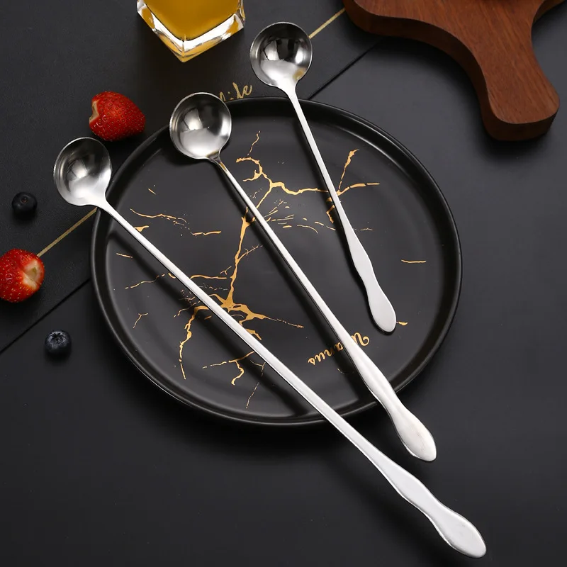 Long Handle Stainless Steel Stirring Spoon Silver Gourd Cutlery Ice Cream Coffee Teaspoons Kitchen Tableware Bar Accessories