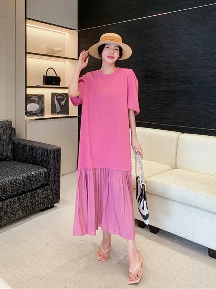 2025 Summer New Long Dress Women's Knitted Fabric Cotton Loose Panel Large Hemline T Shirt Dress Large