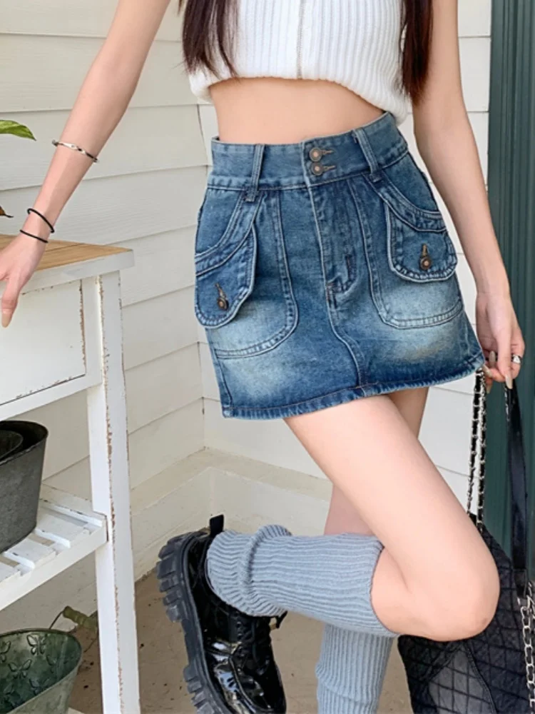 Retro Denim Mini Spódniczka Damska 2025 Nowa Letnia Hot Girl Wąska Spódniczka z Wysokim Stanem