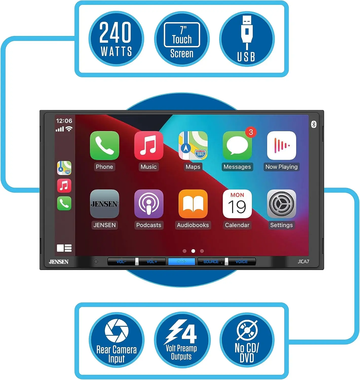 Estéreo de carro certificado de 7 polegadas com Apple CarPlay e Android Auto, Bluetooth, entrada de câmera de backup, carregamento USB