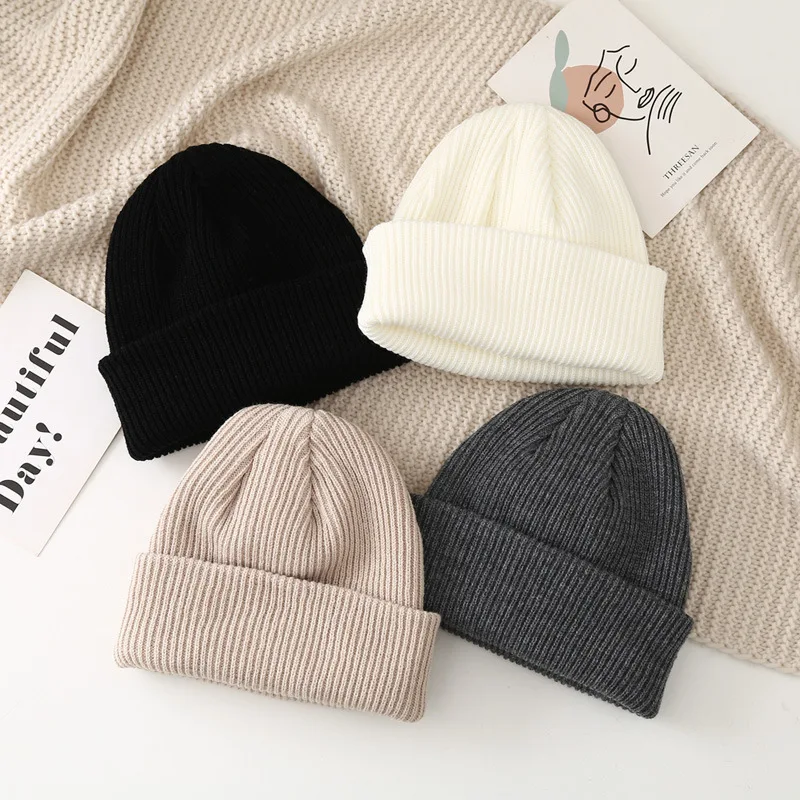 

New Wool Winter Beanie Hat Women's Warm Knitted Skullies Simple Melon Fur Cap Ear Protector Cold Hats Men Black Hat Beanies