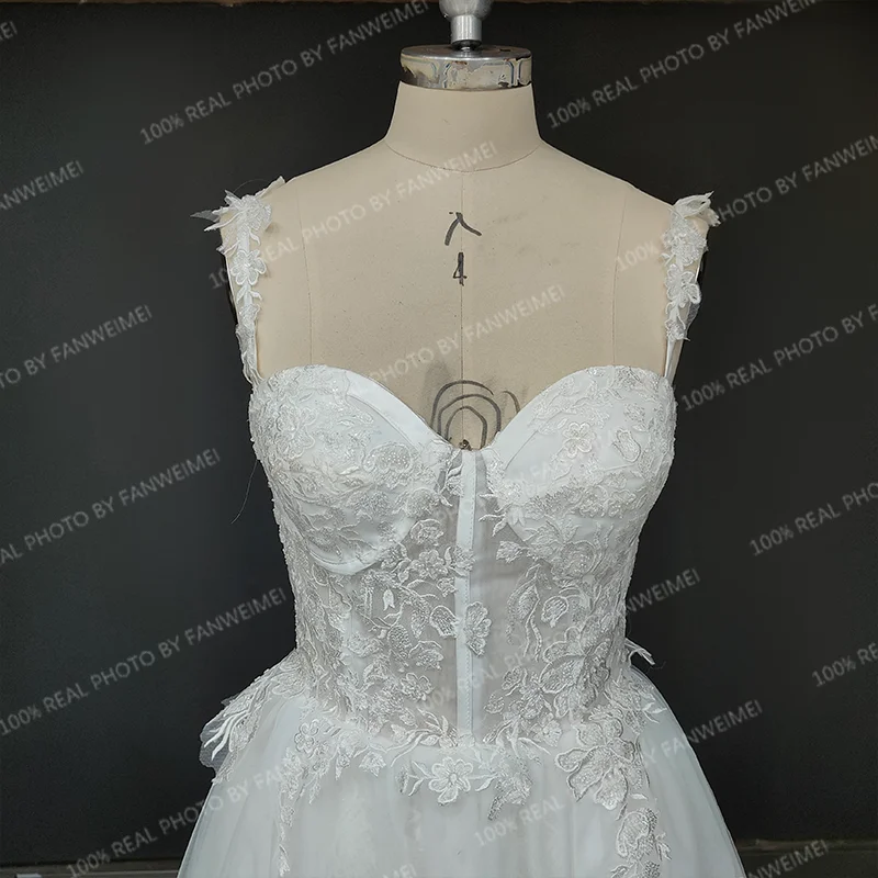 13874 #   Vestido de novia sencillo y personalizado, corte en A, tirantes modernos, apliques de ilusión, vestido de novia con cremallera y espalda descubierta de encaje