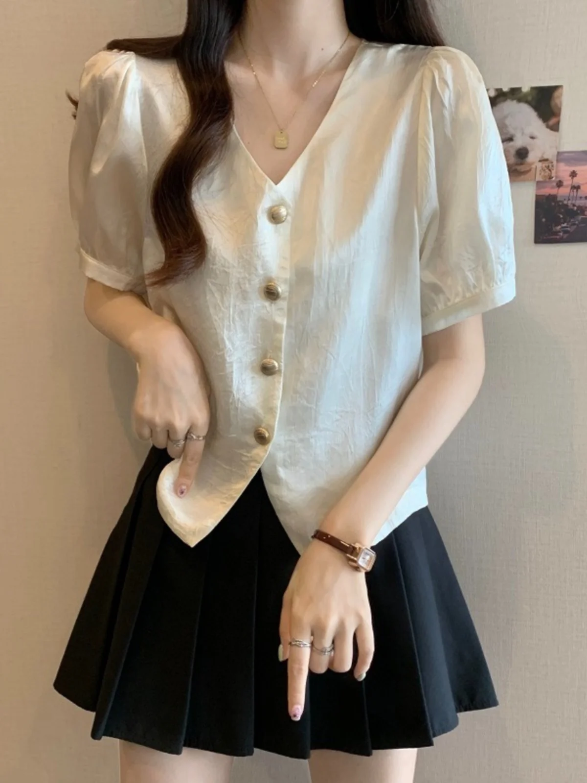 

Elegant Acetate Bubble Sleeve Short Sleeve Shirt Women's Summer plus Size Frock Korean Style Commute Fashion Top