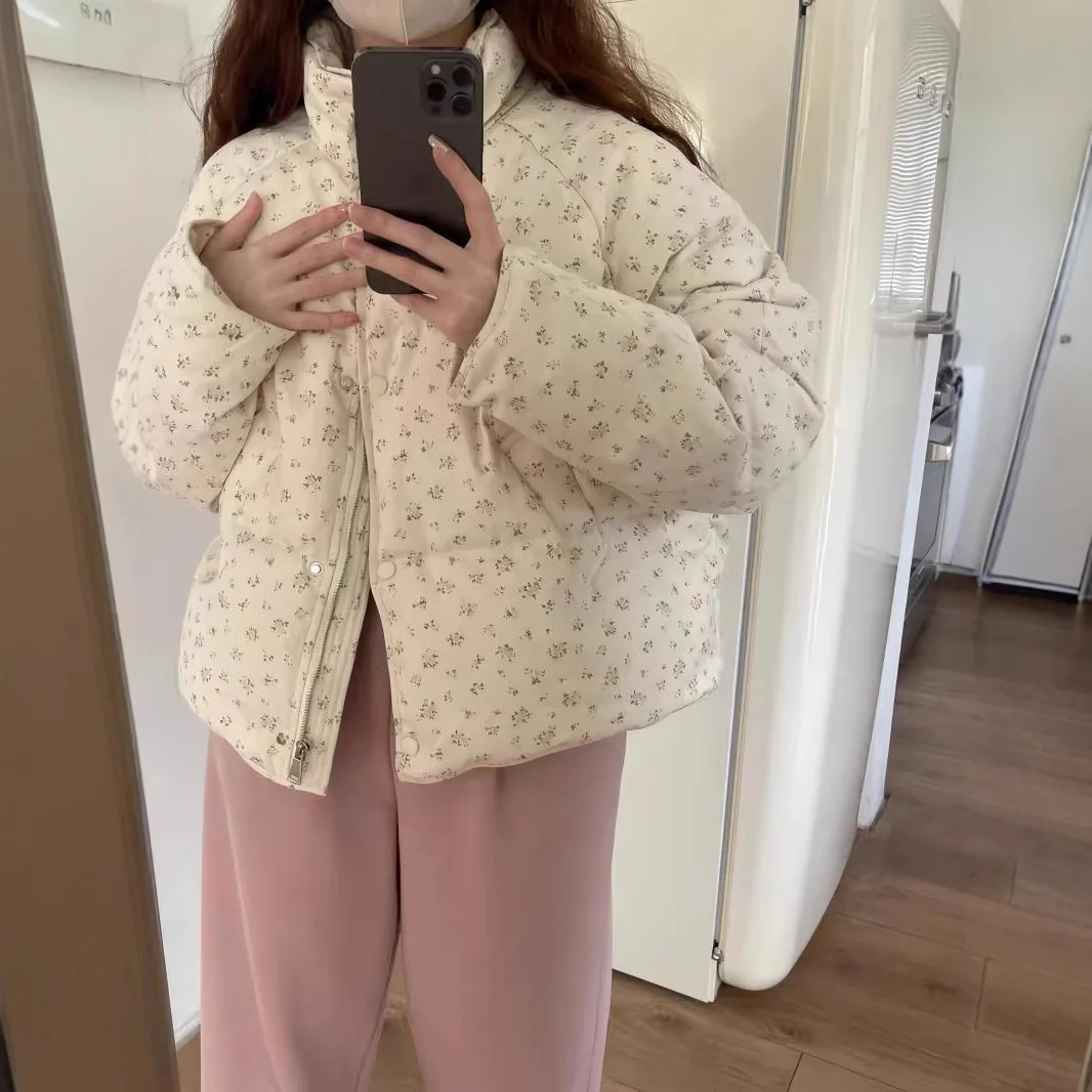 

Женские парки, пальто с цветочным принтом, короткие куртки на молнии, воротник-стойка, карманы, длинные рукава, свободные толстые офисные женские повседневные зимние куртки 2023 г.