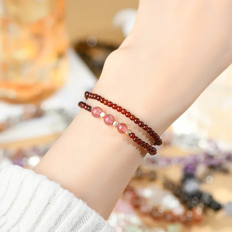 

Natural Crystal Garnet Strawberry Crystal Double Loop Bracelet