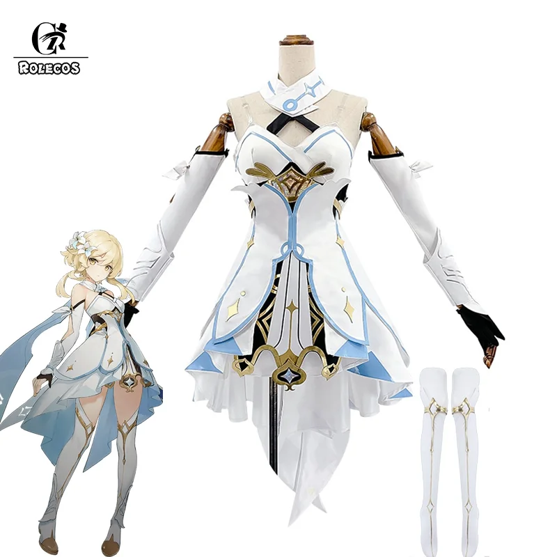 ROLECOS Genshin Impact Cosplay Costume Traveler Lumine Cosplay Costume Women White Costume Halloween Dress Stocking Belt Suit