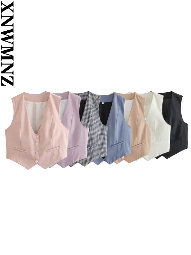 XNWMNZ 2024 Women Fashion Front Buttons Cropped Waistcoat Vintage V Neck Sleeveless Versatile Female Vest Chic Tops