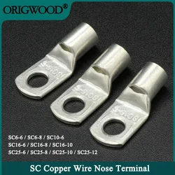 10/50pcs SC Type Wire Nose Terminal SC6 SC10 SC16 SC25 Bare Copper Battery Block Lugs Hole ID 6 8 10 12mm Crimp Wire Connector