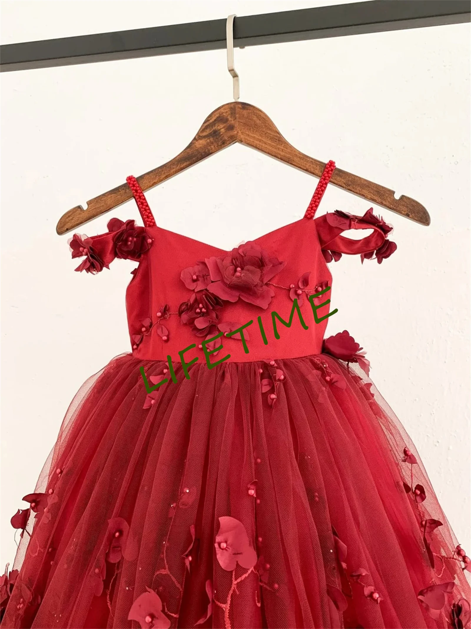 Red Flower Girl Dresses For Wedding 3D Appliqued Tulle Princess Pageant Dress Toddlers Beads Formal Party Gowns Custom Made