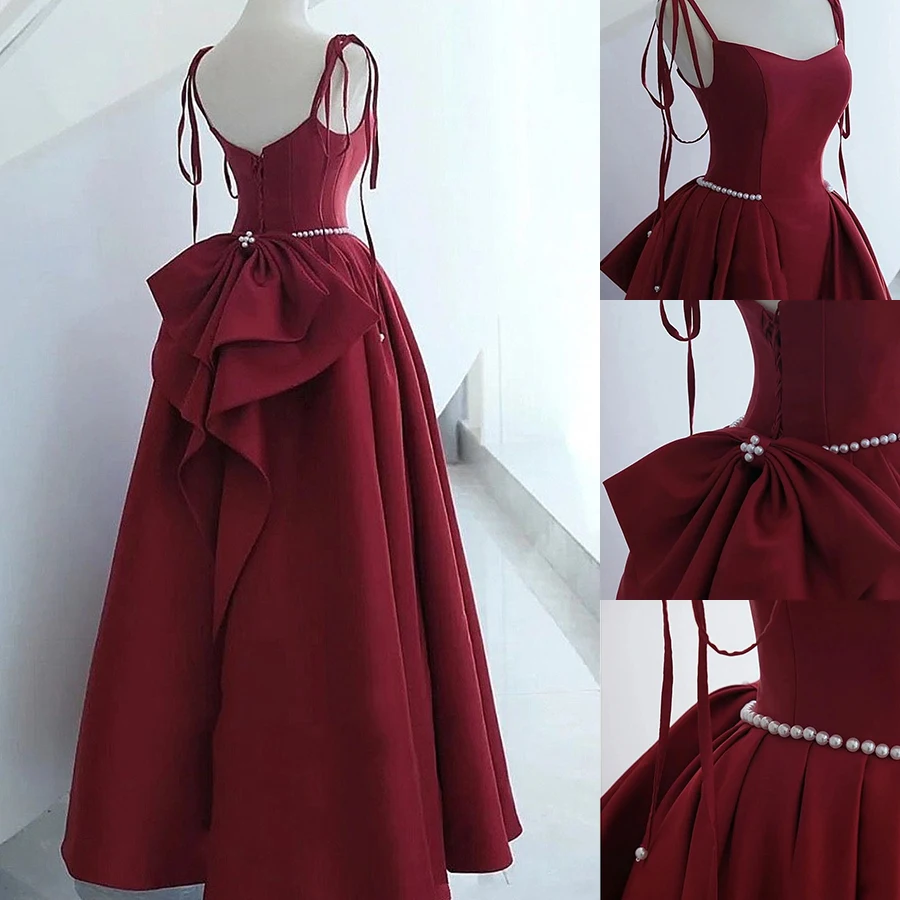 Burgundy Chinese Bride Wedding Dress Qipao Sexy Spaghetti Strap Beads Maxi Dress Elegnat A-Line Banquet Dress Formal Party Dress