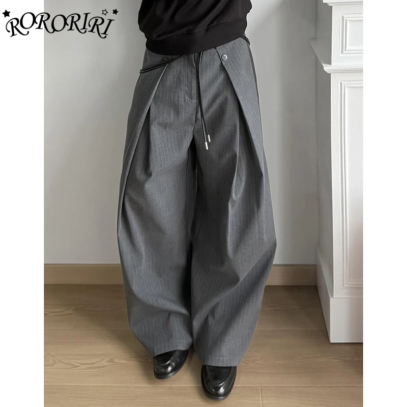 RORIRI ارتفاع الخصر دعوى السترة السراويل للرجال النساء رمادي فضفاض مستقيم العمل بنطلون زر تصميم مطوي قيعان ملابس للجنسين #1