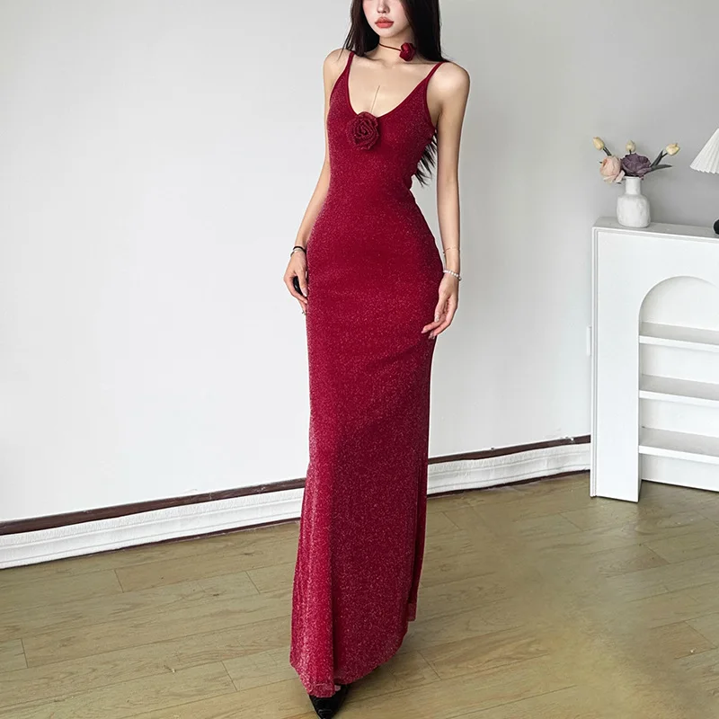 

2025 Spring and Autumn New Women's Solid Color Slim High Waist Fashion U-neck Halter Halter Dress