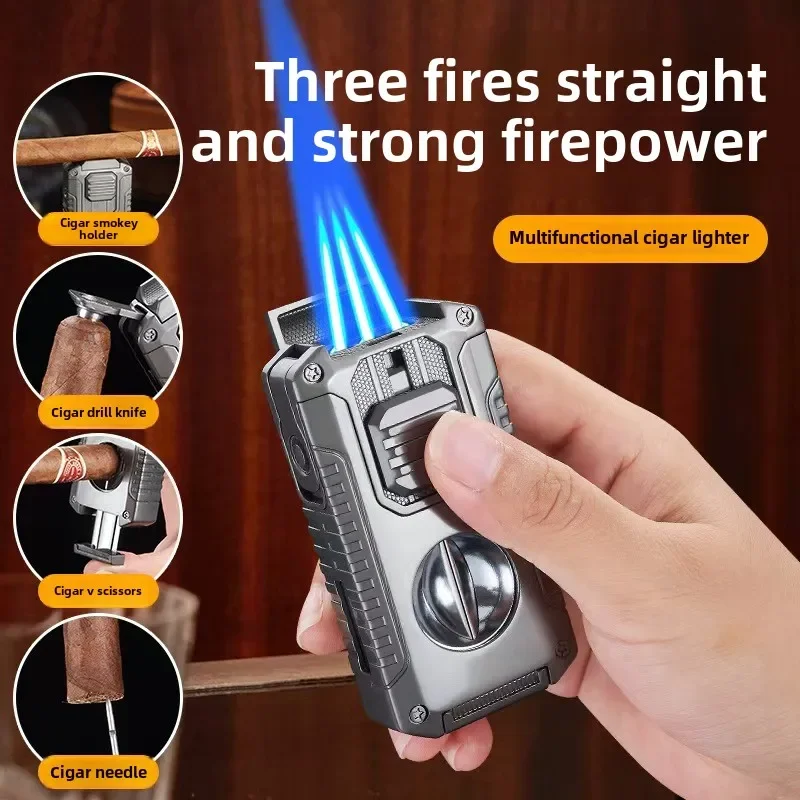 New Deluxe Cigar Lighter with V Shape Knife Cigar Holder Dual Nozzle Flame Butane Refillable Torch Lighter Smoker Gift