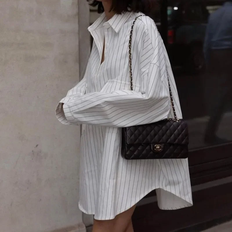 Fashion Autumn Winter Women Oversized Striped Long Shirt White Long Sleeve Loose Fit Blouse Female