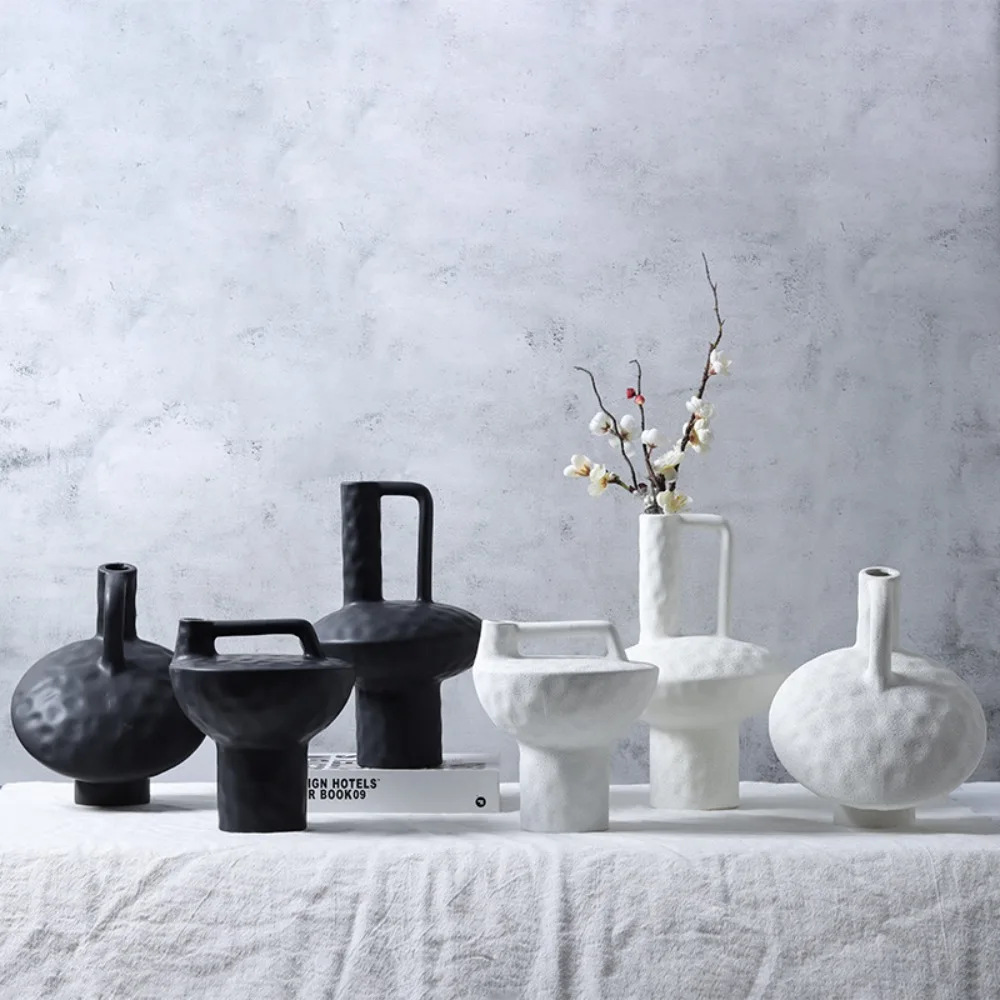 Nordic Textured Ceramic Vase with Handle Black White Irregular Hand‑Thrown Vase Modern Home Living Room Decor Art Flower Vase