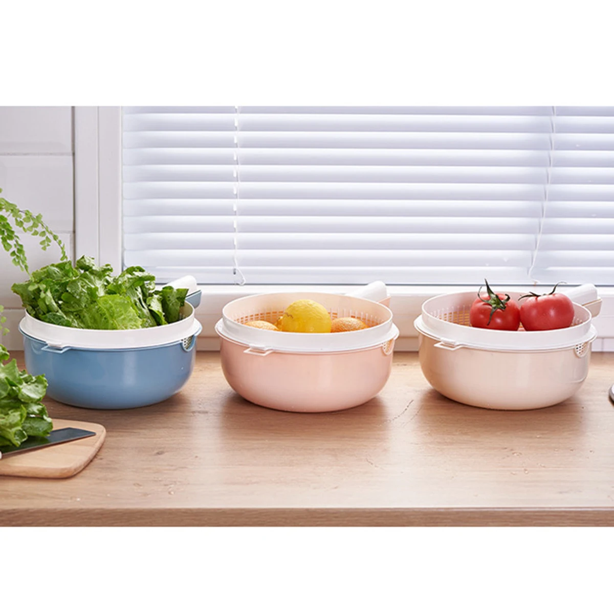

2pcs Double Layer Drain Basket With Handle Portable Fruit Vegetable Washing Drying Mesh Colander Kitchen Storage Rack Blue