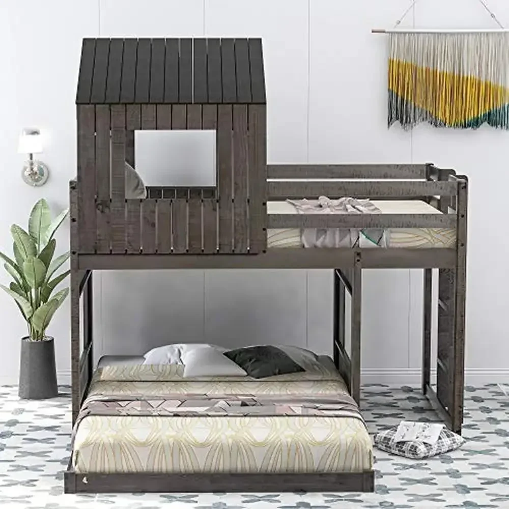 House Bunk Beds Twin over Full Wood with Roof Window and Slide Distressed Grey Twin over Full House Bed Frame Semi-Roof L-Shape