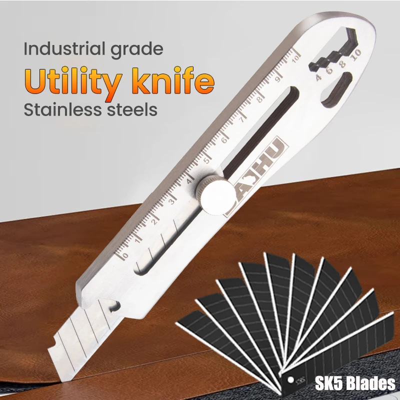 Stainless Steel Utility Knife With 60° Blade Tail Break Design/Ruler/Bottle Opener Retractable Box Cutter Wallpaper Cutting Tool