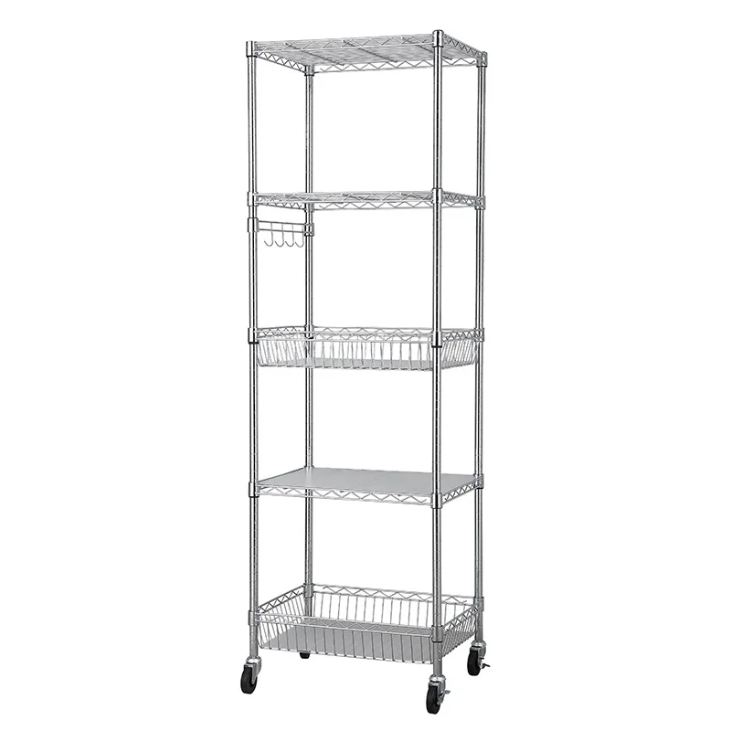 

Science Foundation Certified Rolling 5-Layer Chrome Wire Rack with Basket Rack and Wheels for Garage Kitchen Storage
