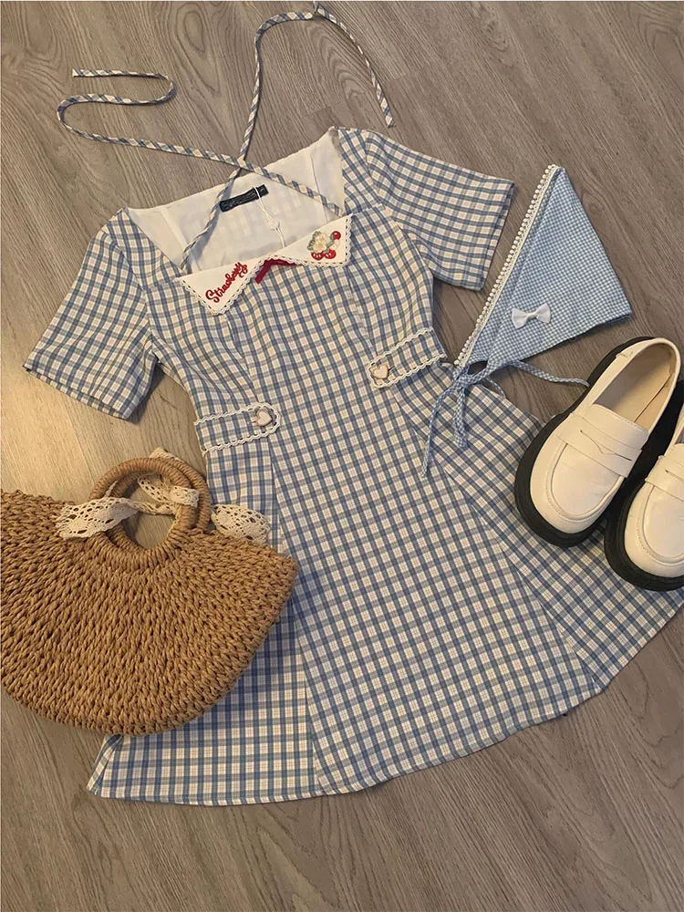 French Elegance Square Collar Plaid A-Line Dress Summer Women New Design Temperament Embroidery Bandage Slim One-Piece Frocks