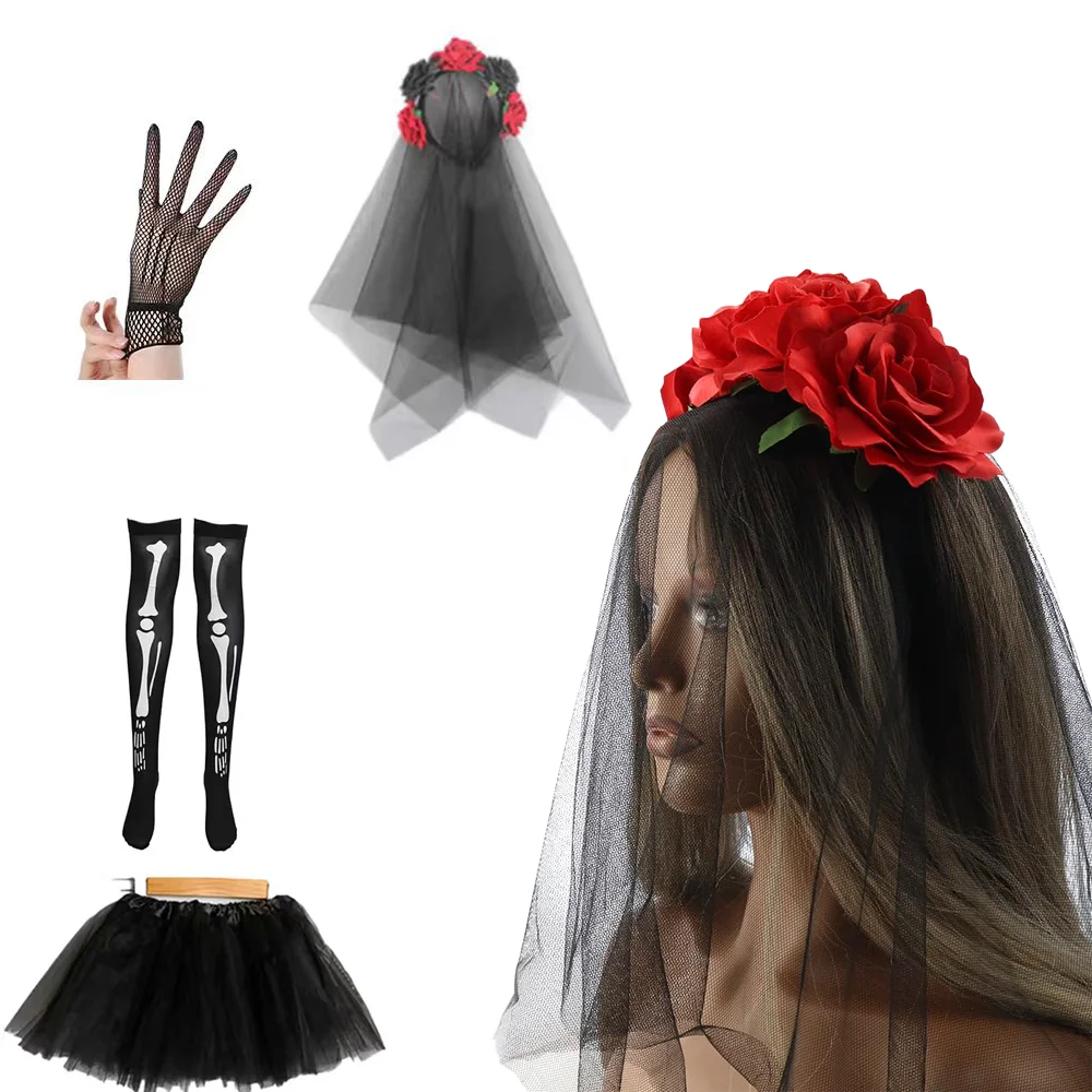 PESENAR Day of the Dead Costume Set - Lace Gloves, Stockings, Veil Skirt & Headdress for Halloween & Carnival