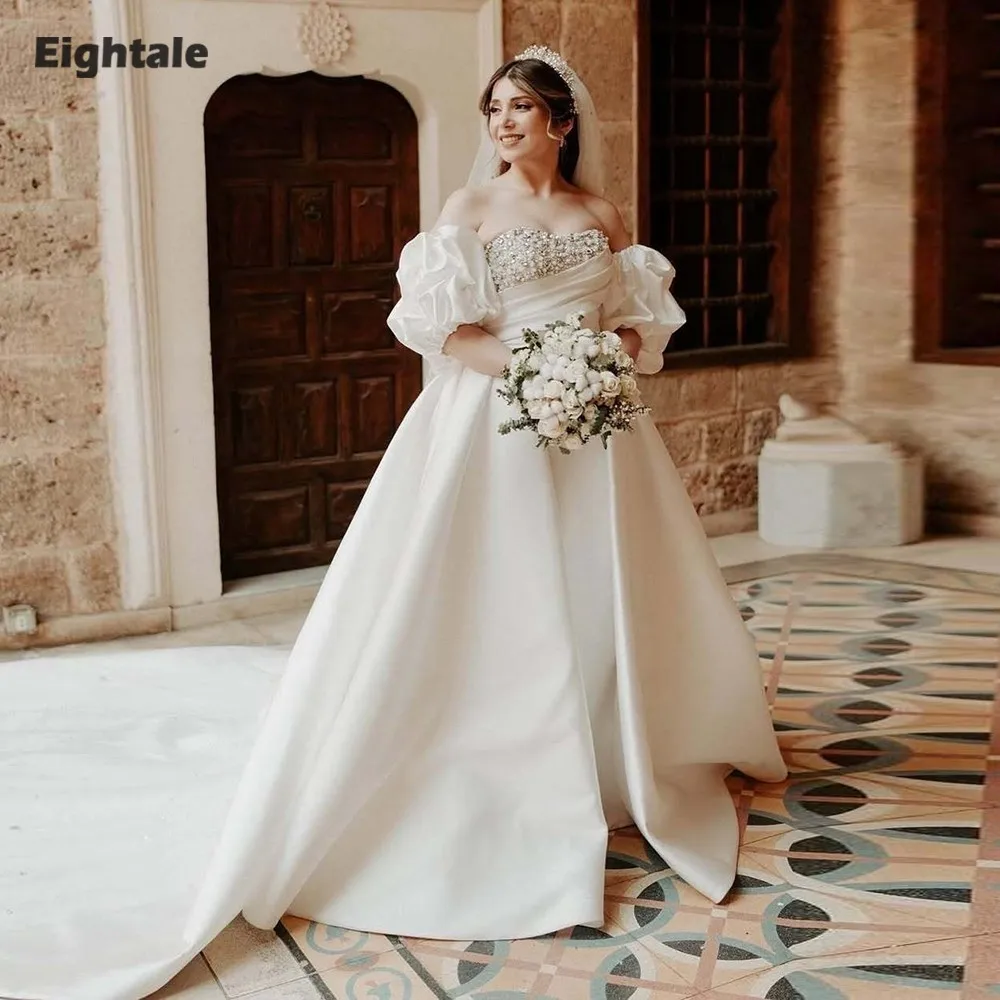 

Eightale Arabic Wedding Dresses Sweetheart Customized Beaded Crystals A-Line Satin Short Sleeves Bridal Gowns Vestidos De Novia