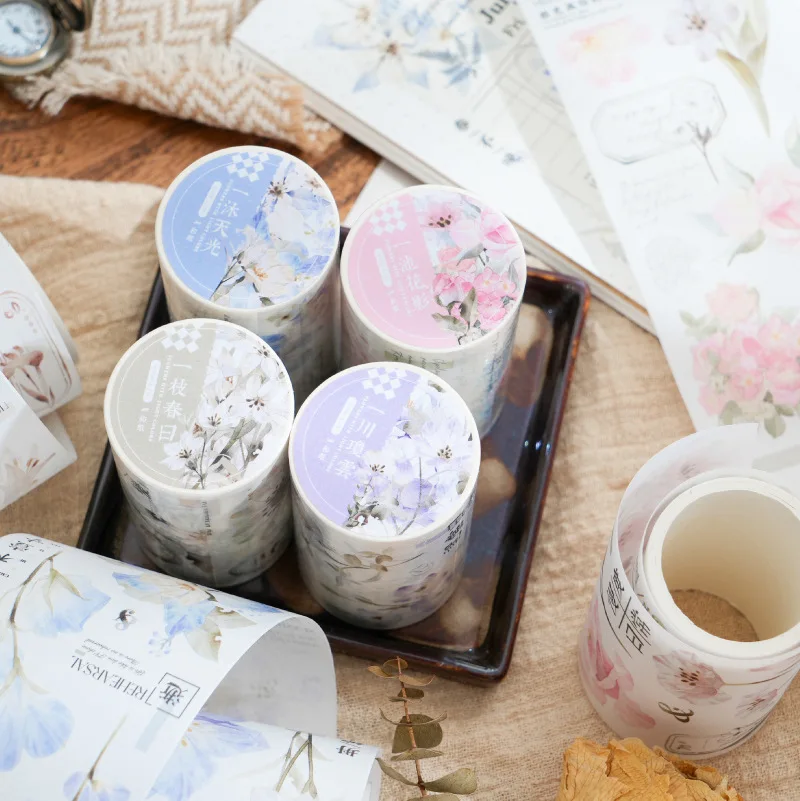 4 Styles, 200cm Per Roll, Washi Tape Stickers, Light Retro Text Flower Stickers DIY Handmade Decorative Materials