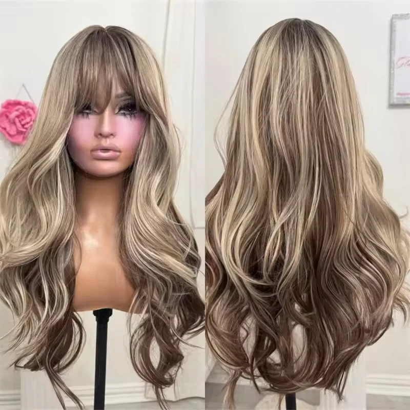 Ombre Brown Blonde Wig with Bangs Lace Front   Human Hair Wigs 13x4