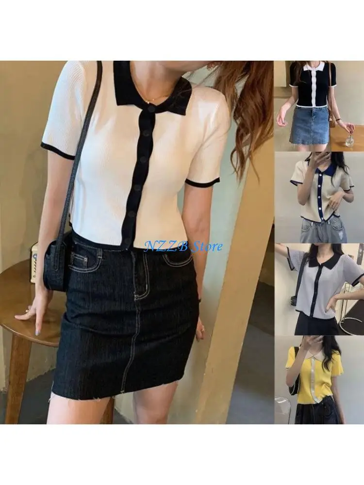 

T21F Women Ribbed Knit Cropped Cardigan Short Sleeve Lapel Button Colorblock Sweater