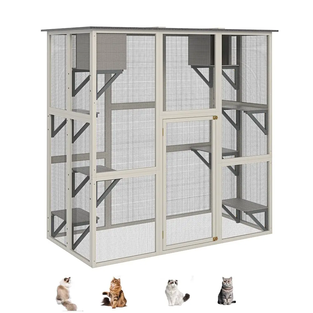 

70" Weatherproof Cat Enclosure with Window Access 6 Platforms 2 Sleeping Boxes Asphalt Roof Patio Backyard, Customized