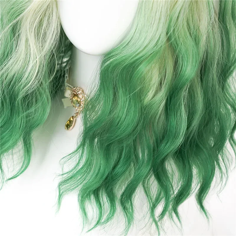 VICWIG Parrucca cosplay riccia di media lunghezza per capelli sintetici stile Lolita Beige sfumato rosa/verde con frangia per donna