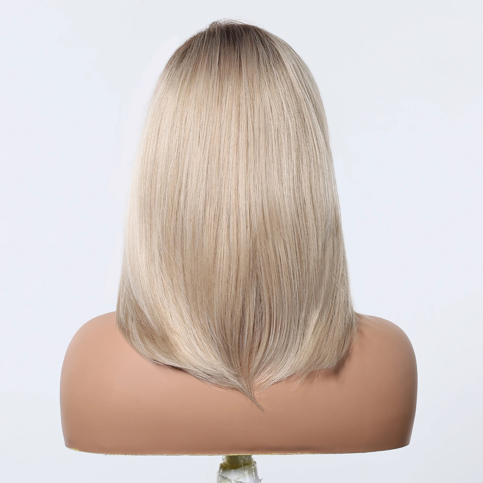 Synthetic Blonde Mixed Platinum Straight Wigs Medium Length Dark Root Wig With Bangs for Women Daily Party Heat Resistant image 4