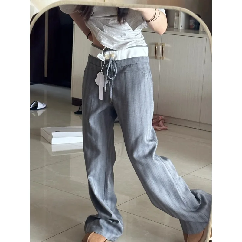 Korean Retro Contrast Color Patchwork Casual Pants Women 2024 Spring New High Waist Lace-up All Match Striped Wide Leg Pants