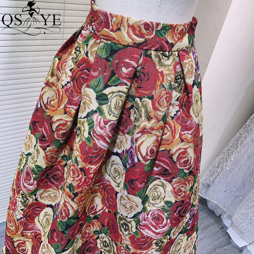 Big Red Flowers A line Prom Dress Overskirt Colorful Stiff Jacquard Women Overlay Evening Gown Skirt Box Pleat Maxi Party Dress