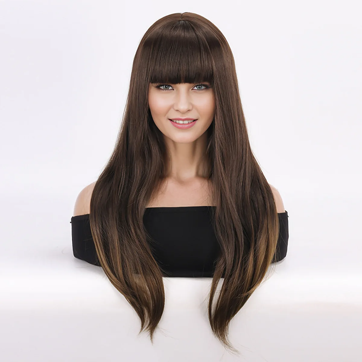 European and American fashion wig, women's headband with bangs, gold gradient, long straight hair-Synthetic fiber wig