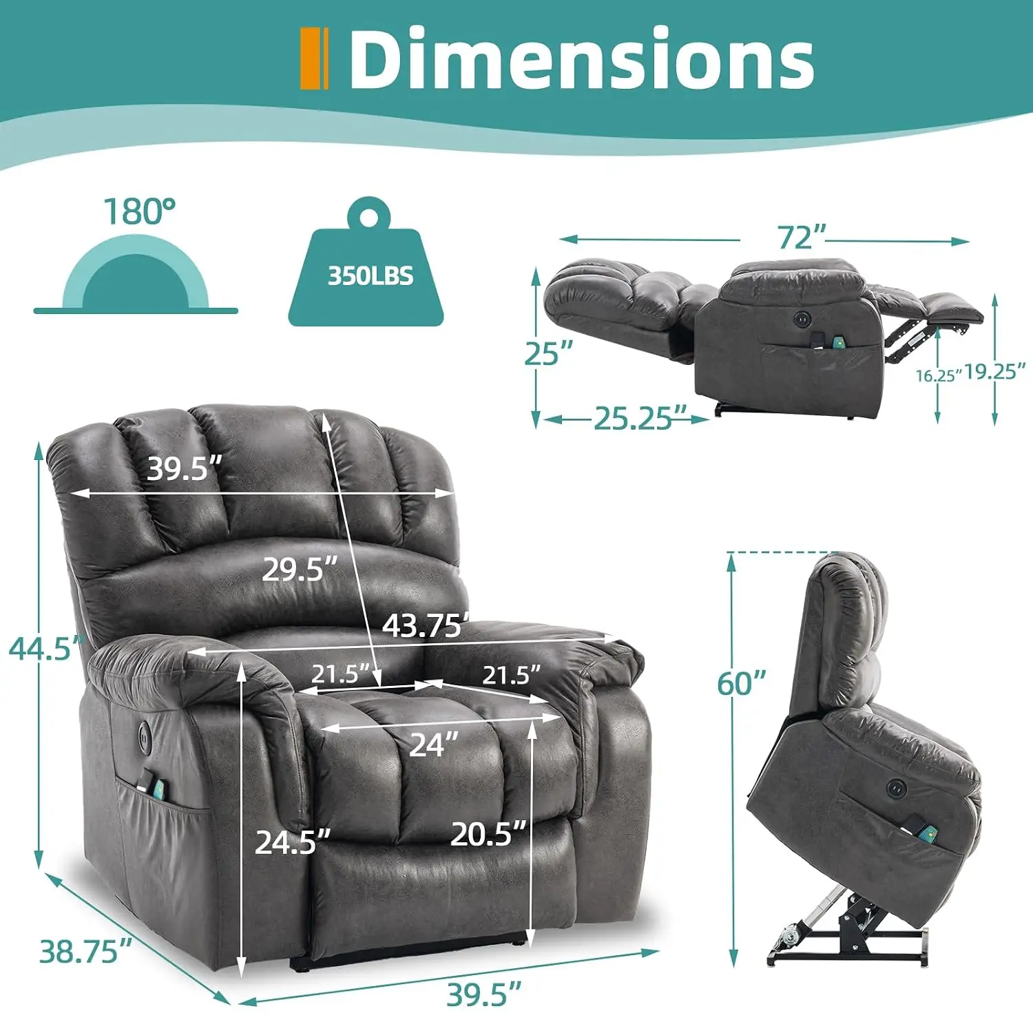 Large Dual OKIN Motor Power Lift Recliner Chair for Elderly Big Man, Lay Flat Sleeper Electric Recliner with Massage, Custom