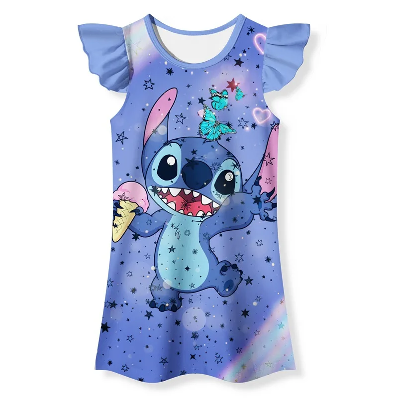 2023 Kids Night Dress Baby Girls Cartoon Stitch Nightgown Silky Milk Silk Girls Sleepwear Pyjama Enfant Fille Kawaii Nightdress image 2