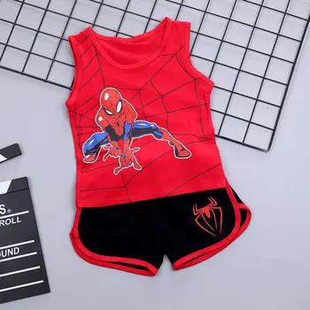 การ์ตูน Spiderman เสื้อยืดเสื้อกั๊ก + กางเกงขาสั้น 2 ชิ้นชุดเด็กชุดเด็กด้านบนและด้านล่างเสื้อผ้าชุดเสื้อผ้าเด็ก