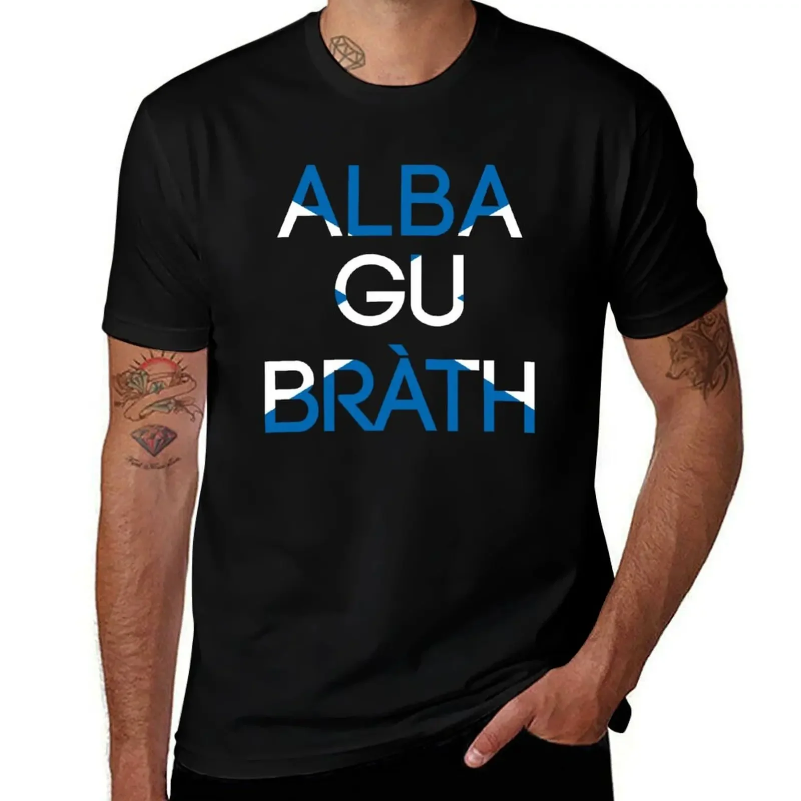 ALBA GU BRATH, Scottish Saltire Flag Text Slogan T-Shirt blue archive custom t-shirts Men's t-shirt