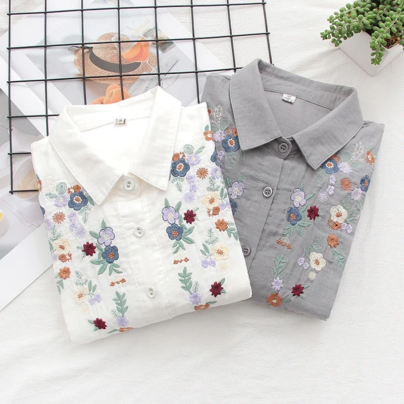 

Spring Autumn Japanese Mori Girl Flower Embroidery Shirt Women Long Sleeve Turn Down Collar Casual Loose Cotton Blouse Tops