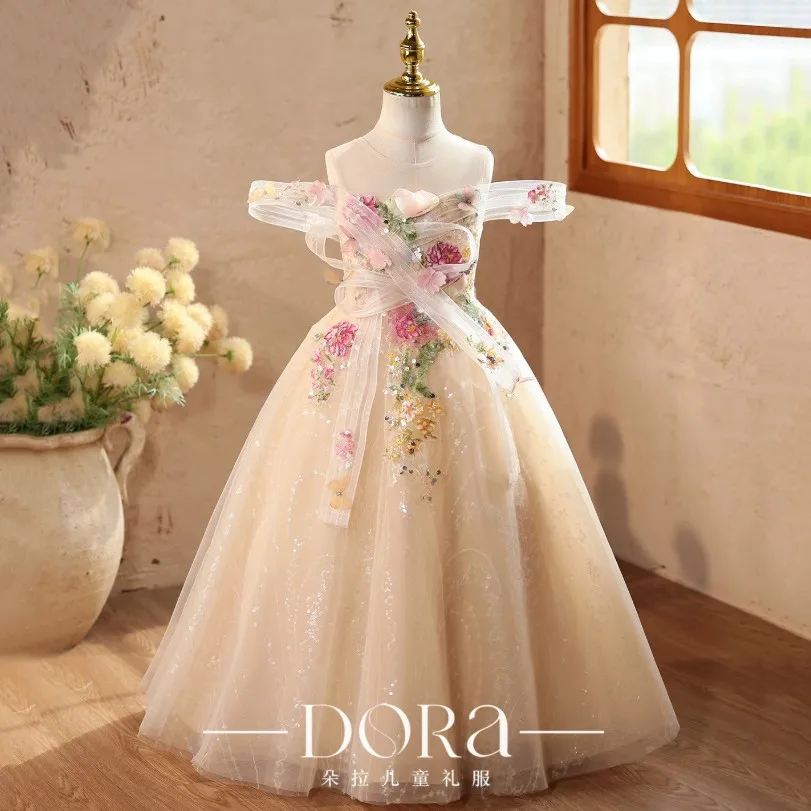 Mädchen Champagner Off-Shoulder Langes Tüllkleid 3D Blumen-Pailletten-Prinzessinnenkleid für Hochzeit Geburtstag Festzug Party Auftritt A5100 – Detail 3