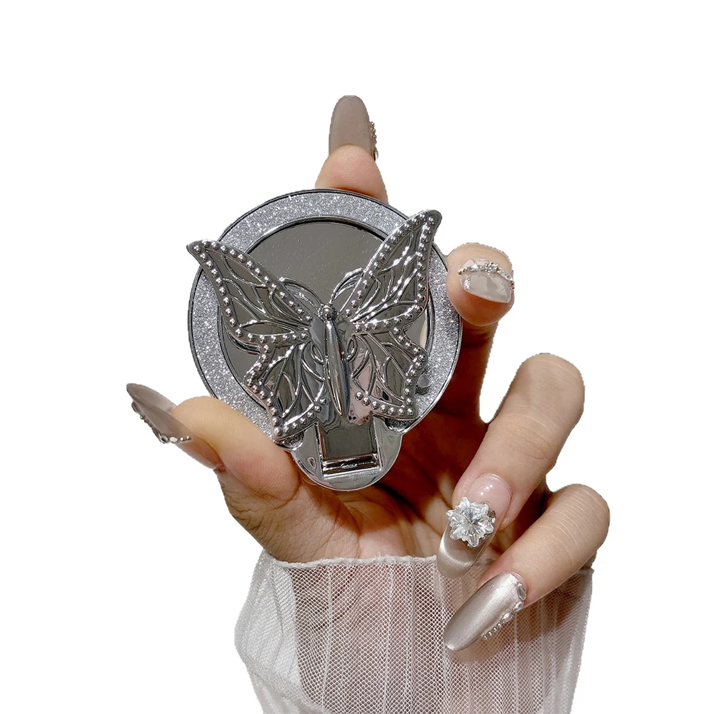 Universal Phone Kickstand Glitter Butterfly Mobile Phone Holder Ring Grip Round Mirror Mount Stand for iPhone Samsung Xiaomi view 6