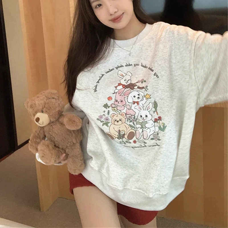 American Thick Velvet Winter Sweatshirt Women Girls Lovely Cute Rabbit Anime Hoodie O-neck Oversized Gray Y2K Top Kawaii Clothes