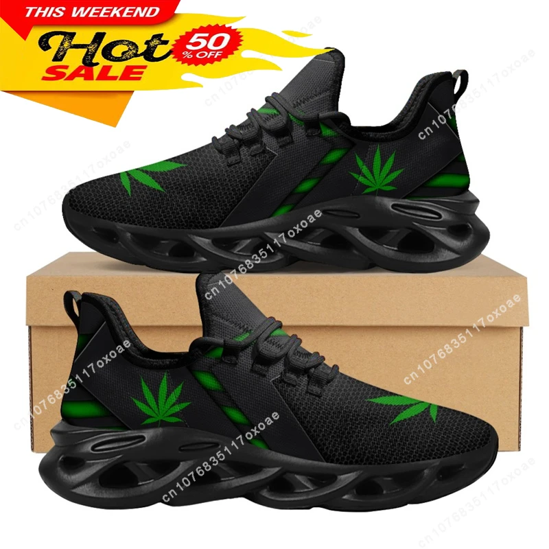 Green Weed Leaves Printing Athletic Shoes for Women Breathable Lace Comfort Femme Footwear Platform Sneakers 2023