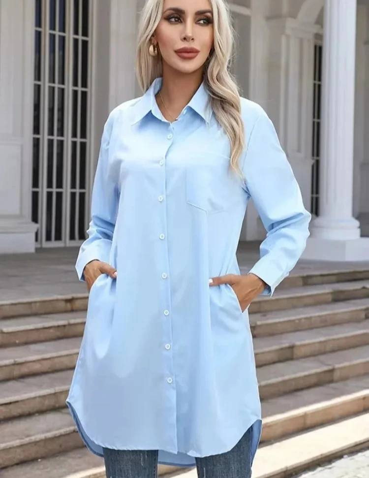 Lockeres und vielseitiges Langarmhemd für Damen im Frühling und Herbst, lässiges Revers für Damen, einfarbiges Basishemd