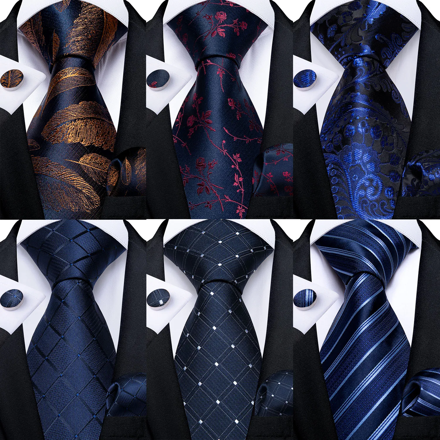 Corbata clásica azul marino para hombre, corbata Floral de Cachemira a rayas, gemelos cuadrados de bolsillo, conjunto de corbata de negocios, corbata de regalo para hombre DiBanGu