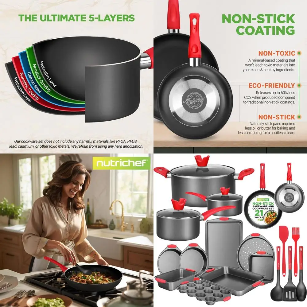 

21-Piece Non-Stick Cookware Set with Pots, Pans, Bakeware, and Utensils for Gas, Electric, and Ceramic Stoves - Black, PTFE/PFOA