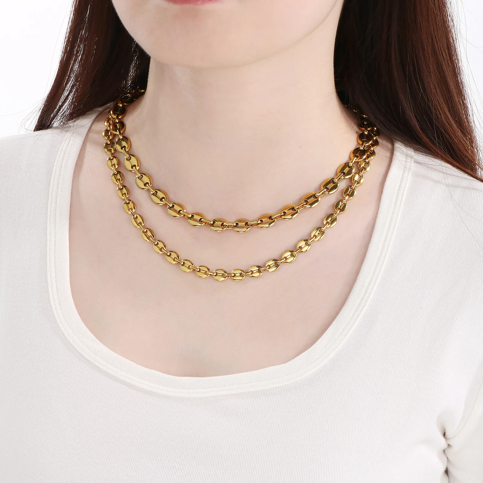 7/9/11mm Multi-Size Coffee Bean Link Chain Necklaces For Men And Women Gold Color Stainless Steel Fashion Jewelry