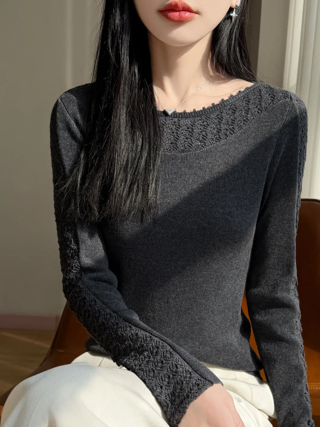 

French Sle Knitted Hollow out Heavy Embroidery Long Sve One oulder Soft Women's Top Inner Wear Base irt Knitwear